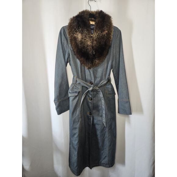 Gap Jean Trench Coat Penny Lane Tie Faux Fur Trim Collar Gold Glitter Women’s M - Picture 1 of 8